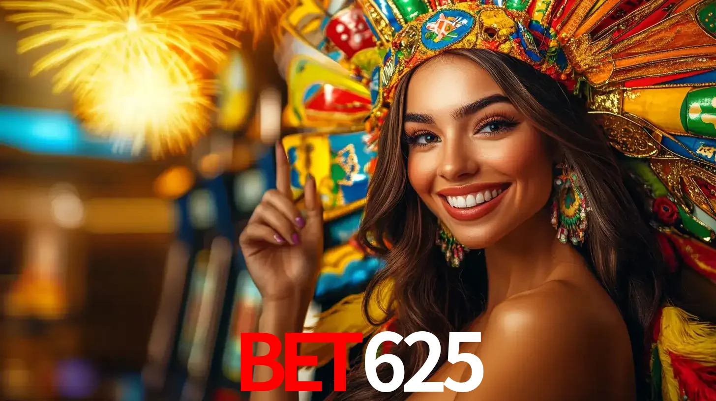 Mulher sorridente com um cocar de carnaval vibrante e colorido, celebrando uma grande vitória nos jogos do cassino BET625 com fogos de artifício ao fundo.