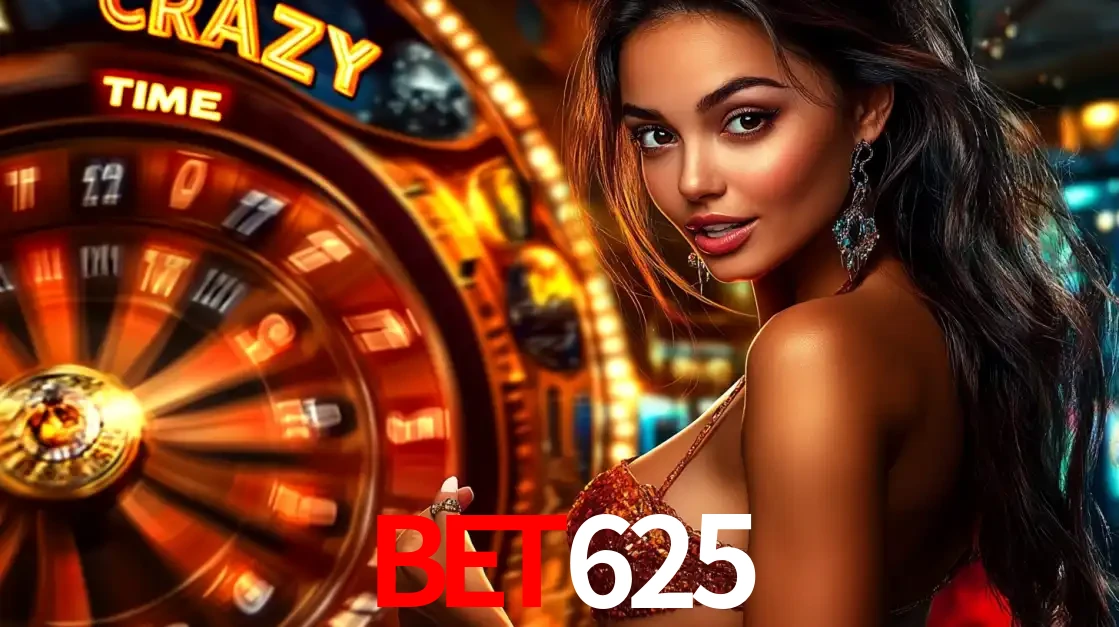 Mulher ao lado da roda de prêmios do jogo de cassino ao vivo Crazy Time, um dos shows de jogos mais emocionantes oferecidos pela plataforma de apostas BET625.