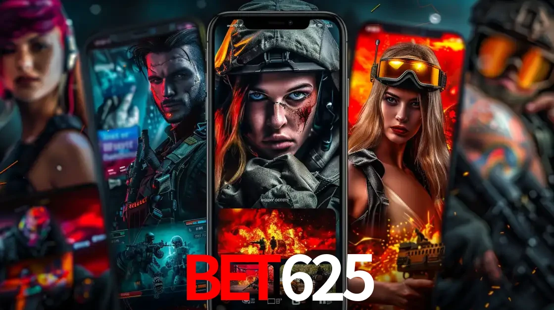 Montagem de telas de celular mostrando diversos personagens, masculinos e femininos, de um jogo de tiro, ilustrando a diversidade de equipes de e-sports para apostar no BET625.