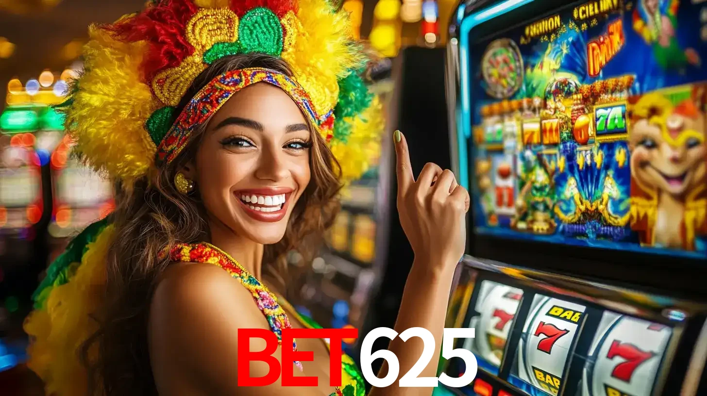 Mulher animada com um cocar de carnaval apontando para uma máquina de caça-níqueis, mostrando a emoção de ganhar um grande prêmio nos jogos do BET625.