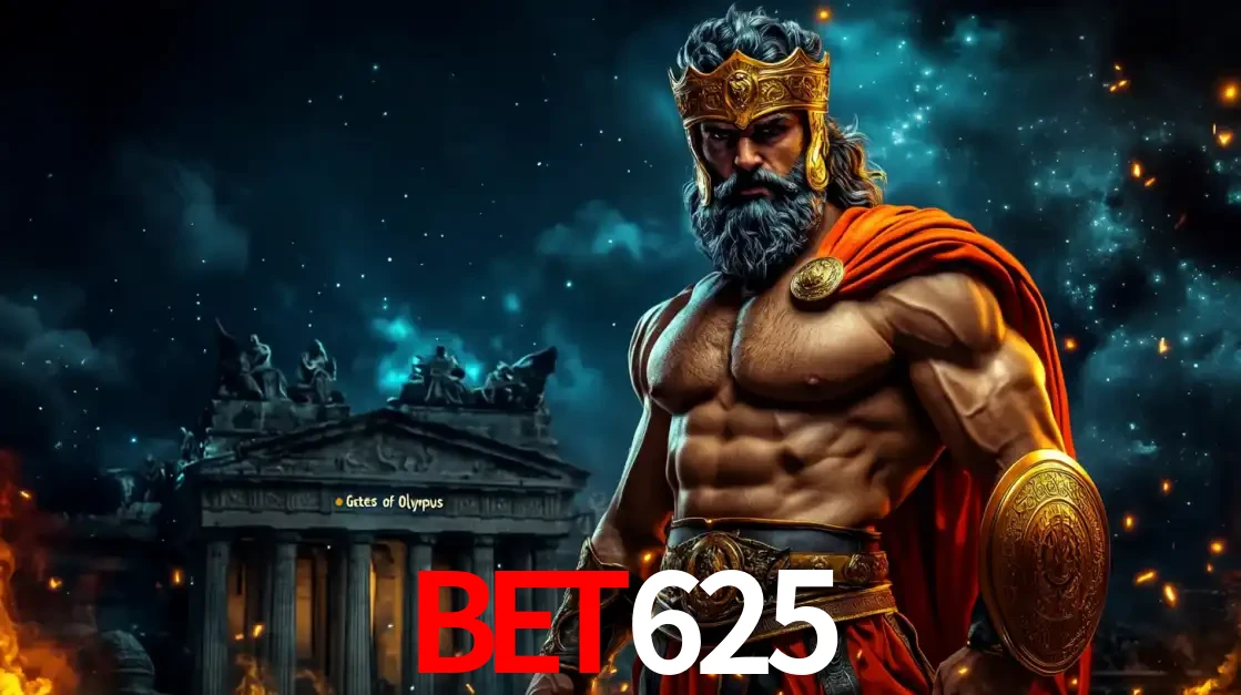 O poderoso Zeus do jogo de slot Gates of Olympus em frente ao seu templo, pronto para lançar multiplicadores divinos e prêmios épicos no cassino online BET625.