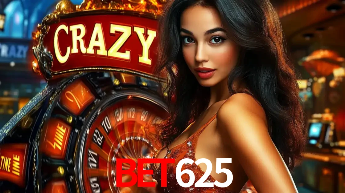 Mulher glamourosa olhando para a câmera com a roda vermelha do Crazy Time ao fundo em um ambiente de cassino, destacando a emoção dos jogos ao vivo no BET625.