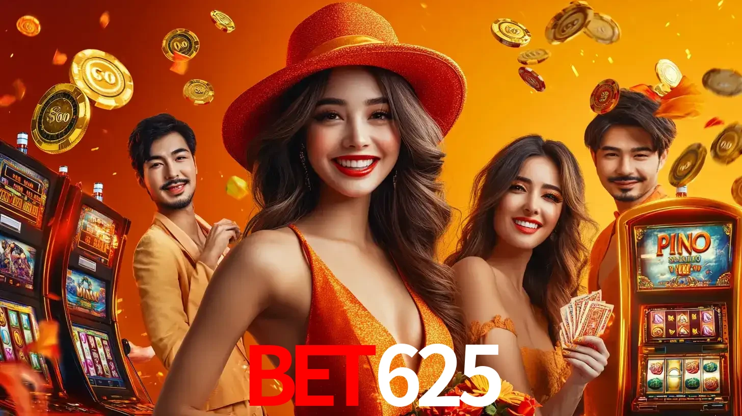 Grupo de amigos asiáticos sorrindo e se divertindo com máquinas de caça-níqueis em um ambiente festivo, celebrando suas vitórias nos jogos de cassino do BET625.