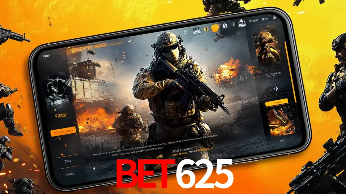 Um smartphone exibindo a interface de um jogo de tiro em primeira pessoa, com um soldado em um cenário de batalha, representando a ação dos e-sports para apostar no BET625.