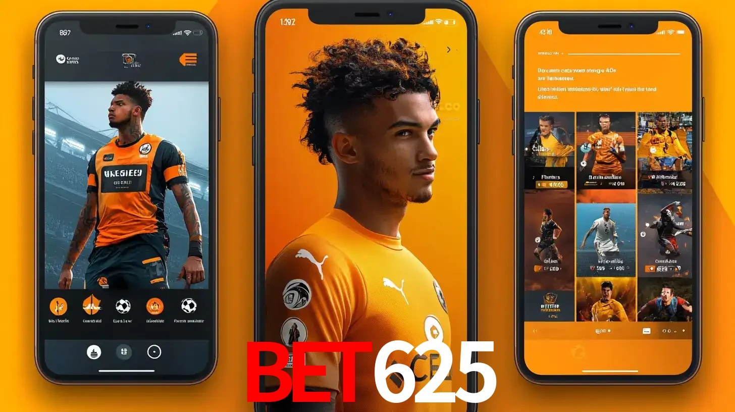 Interface do aplicativo de apostas esportivas BET625 em três telas de celular, mostrando o perfil de um jogador de futebol e a lista de jogos disponíveis para apostar.