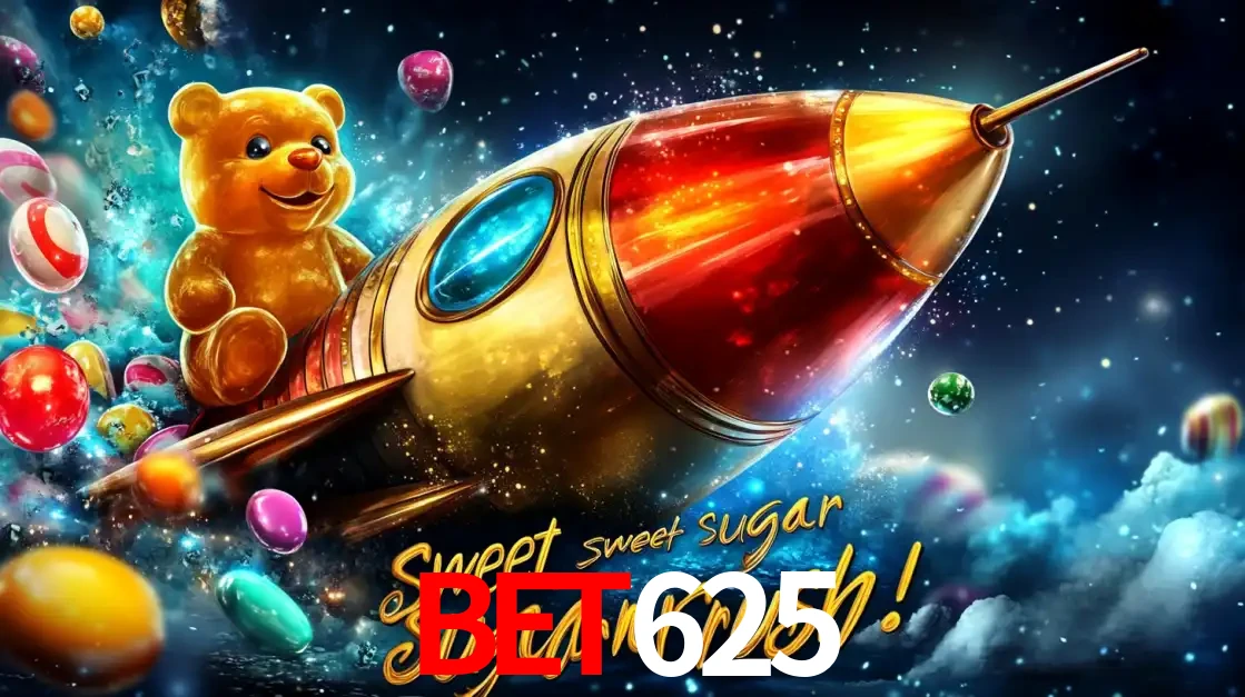 Arte promocional do jogo de slot Sugar Rush, com um urso de pelúcia em um foguete viajando pelo espaço de doces, um dos jogos divertidos disponíveis no cassino BET625.