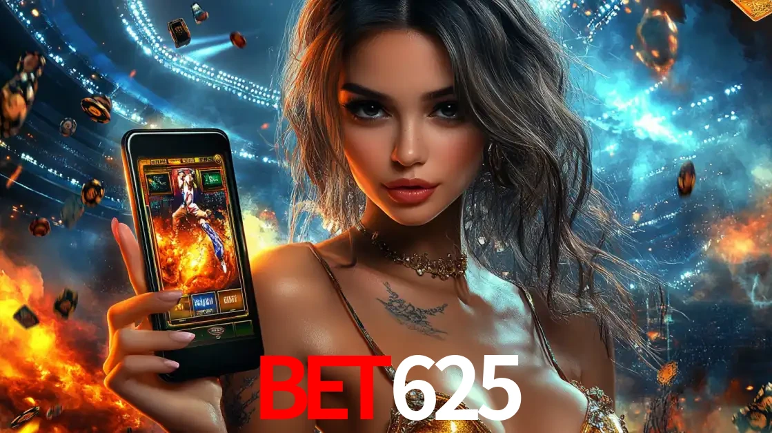 Mulher segurando um celular com um jogo de slot em destaque, tendo como fundo um estádio vibrante, simbolizando a emoção de jogar no cassino móvel BET625.