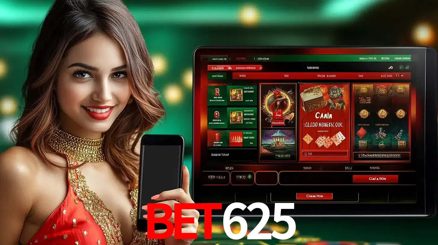 Mulher sorridente segurando um smartphone, ao lado de uma tela exibindo o lobby de jogos do cassino online BET625, com várias opções de jogos de cartas e slots.